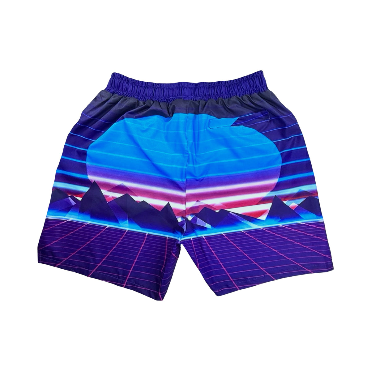 Back view of Purple fast drying shorts with single back pocket with retro synth wave mountain and grid design on a white background