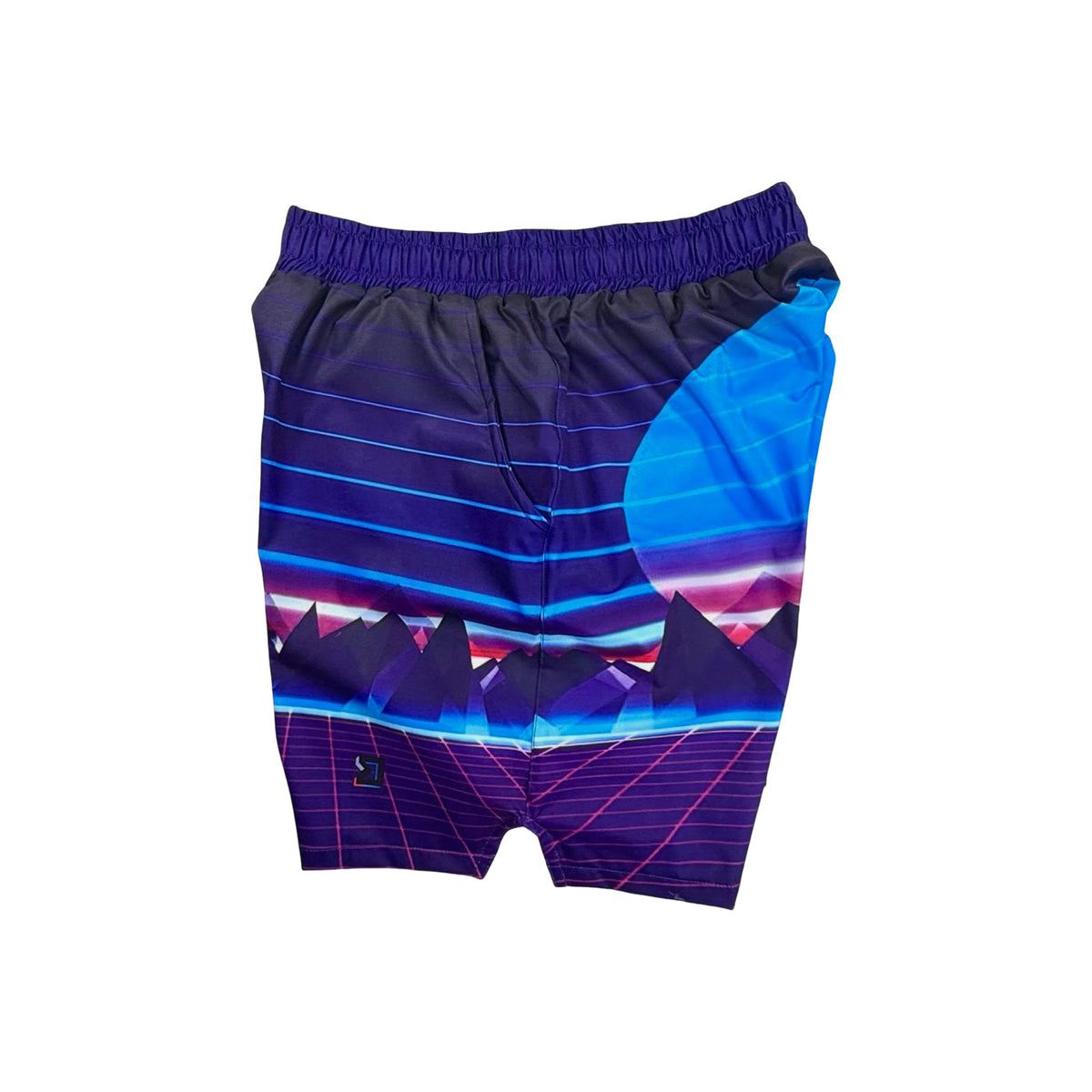 Side view of Purple fast drying shorts with retro synth wave mountain and grid design on a white background