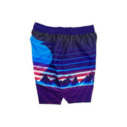 Other side view of Purple fast drying shorts with retro synth wave mountain and grid design on a white background