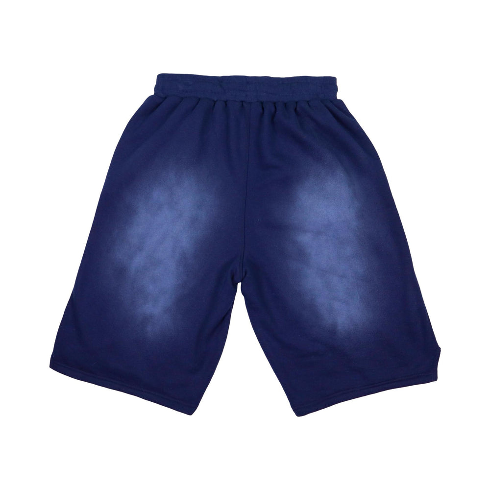 Navy blue acid wash jogger shorts on a white background