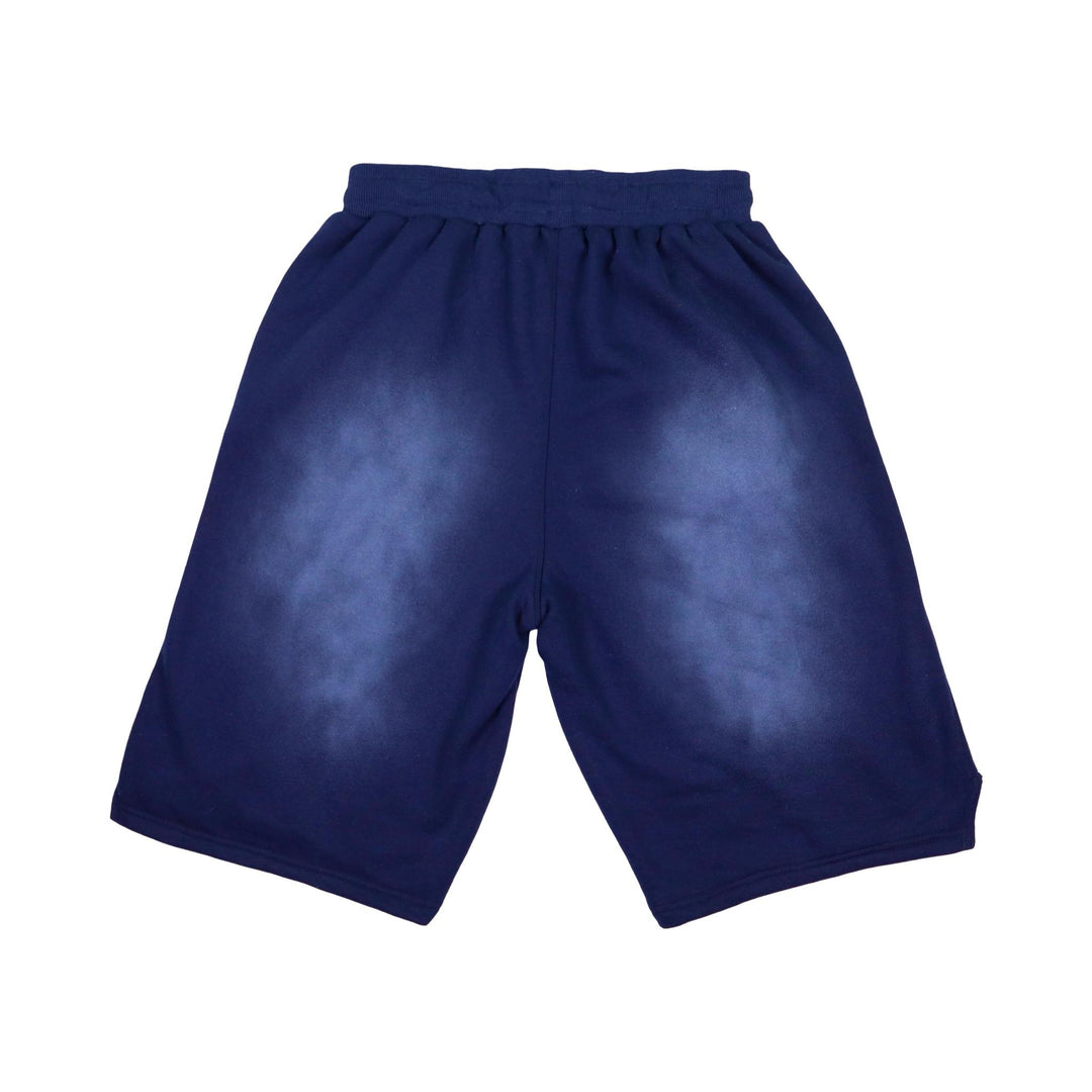 Navy blue acid wash jogger shorts on a white background