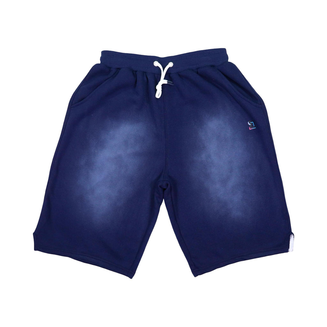 Navy blue acid wash jogger shorts with a white drawstring on a white background
