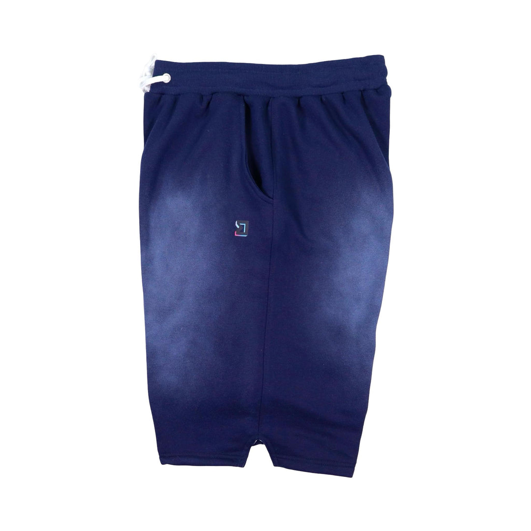 Navy blue acid washed jogger shorts with a small logo on a white background