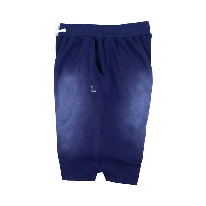 Navy blue acid washed jogger shorts with a small logo on a white background