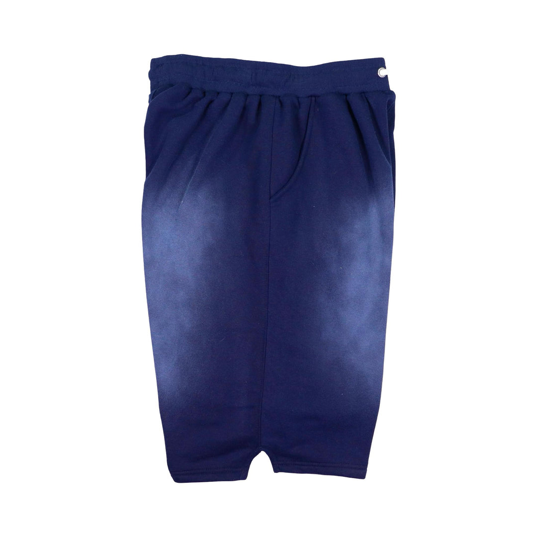 Navy blue acid wash jogger shorts on a white background
