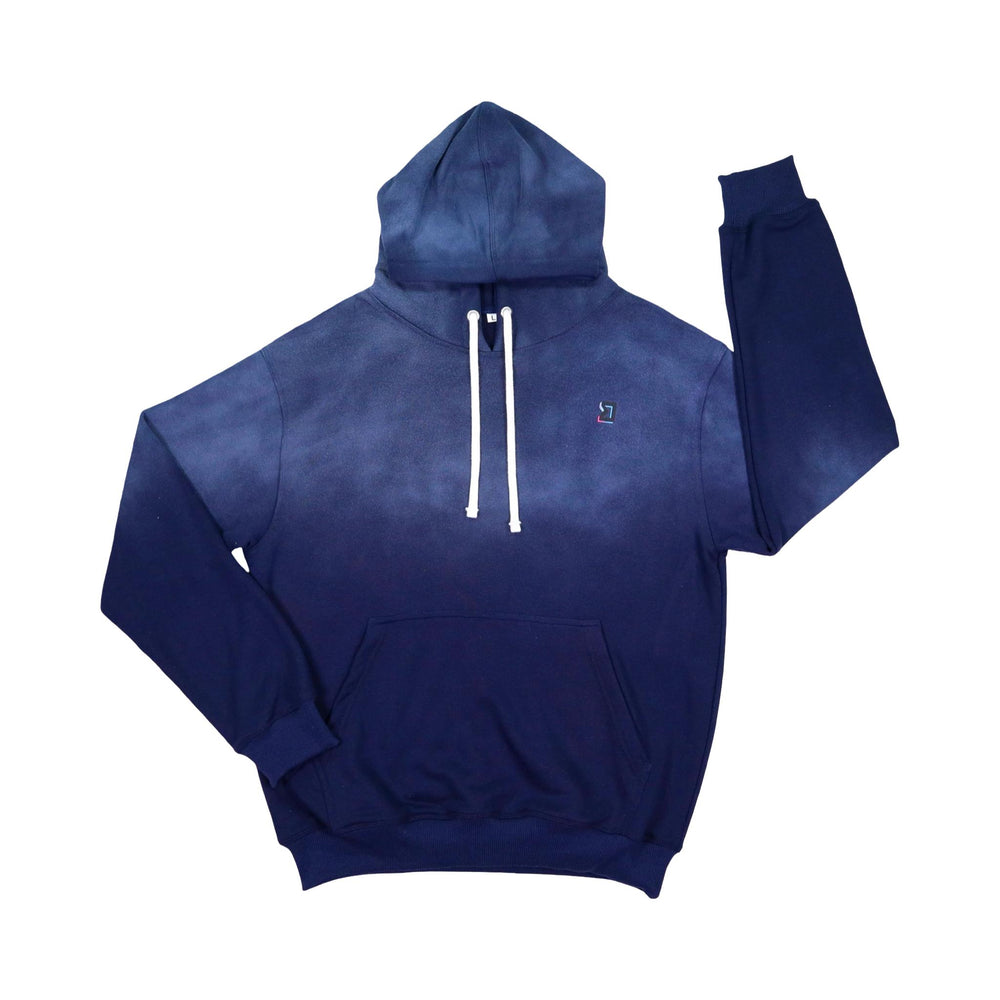Navy Blue loopback hoodie with a white drawstring on a white background
