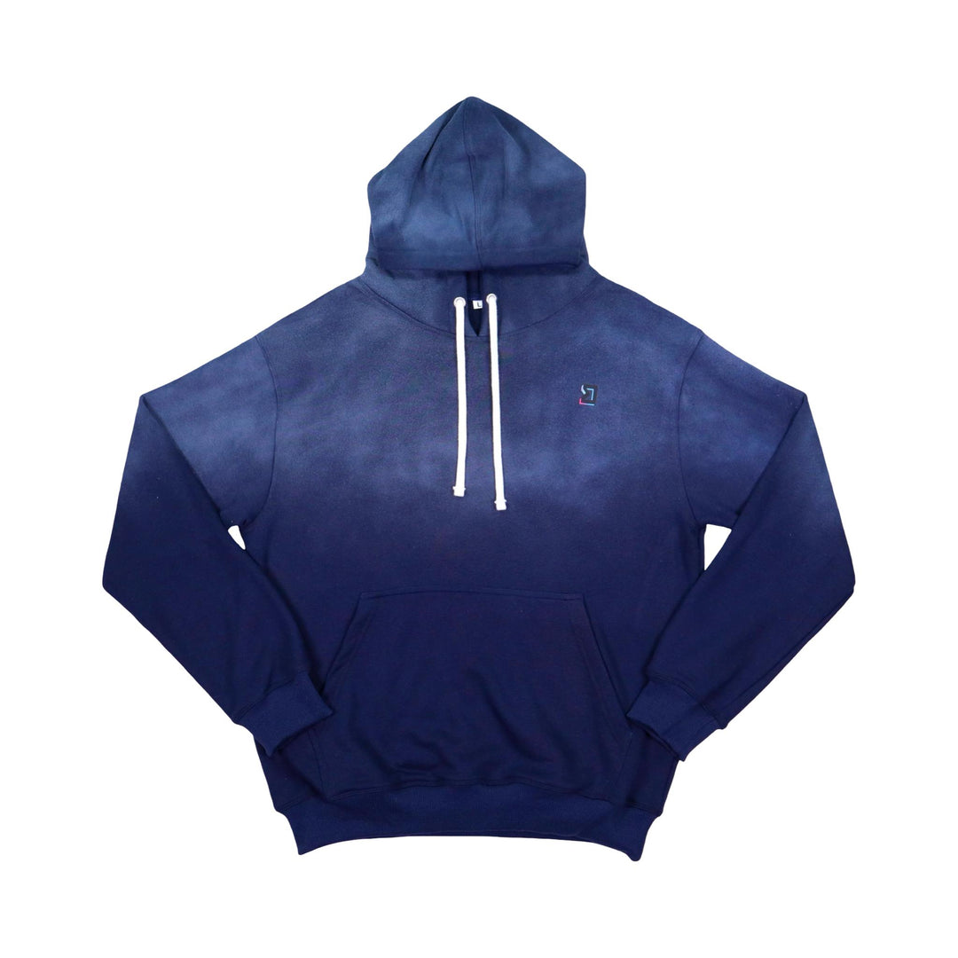 Navy Blue loopback hoodie with white drawstrings on a white background