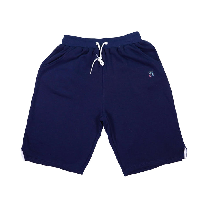 Navy loopback jogger shorts with a white drawstring on a white background