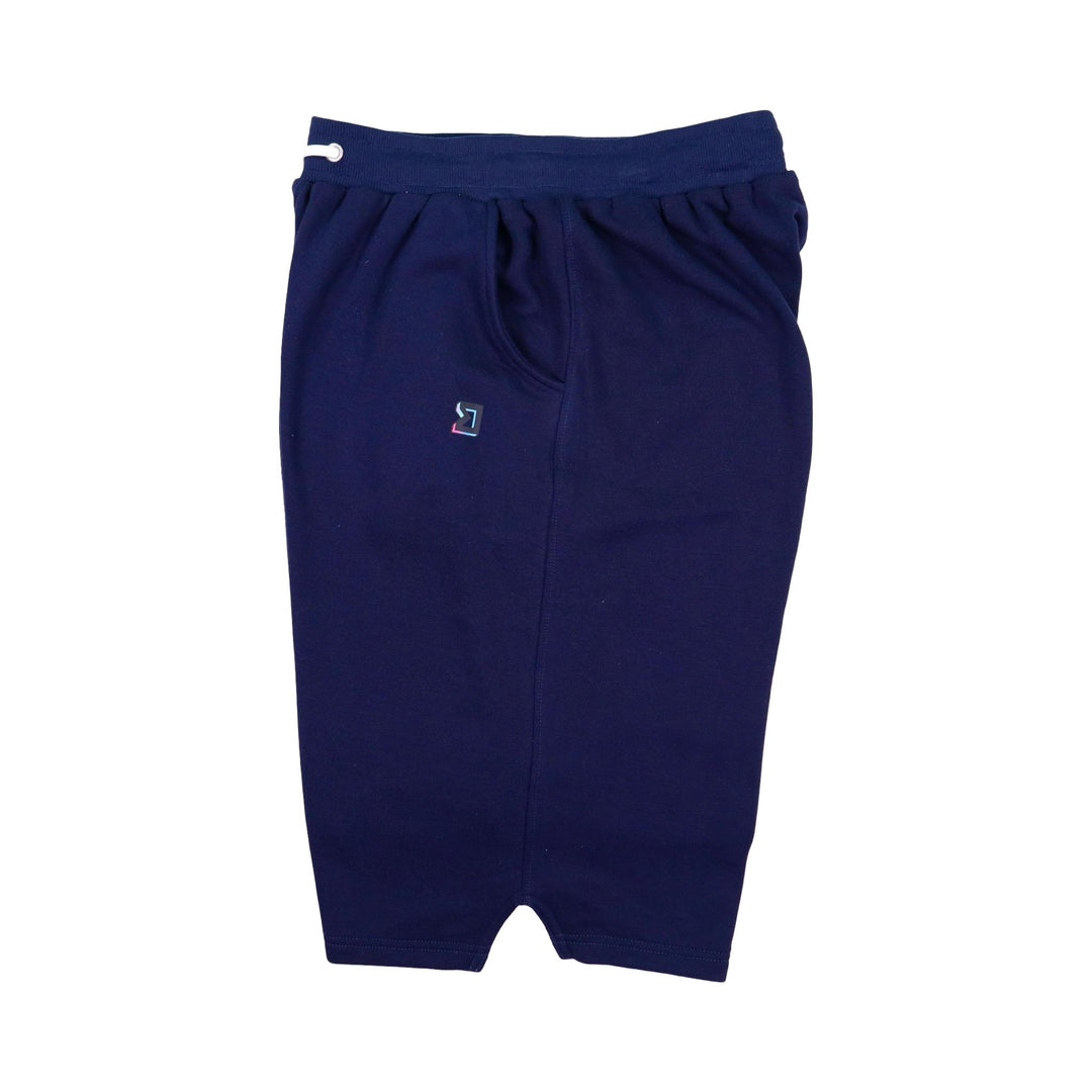 Navy blue loopback jogger shorts with a logo on a white background