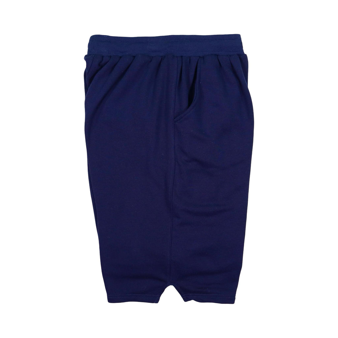 Navy blue loopback jogger shorts on a white background