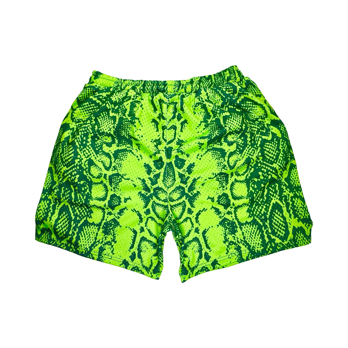 Neon green mesh basketball shorts with snake print