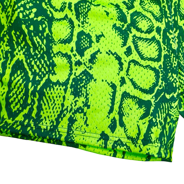 Neon green mesh basketball shorts with snake print