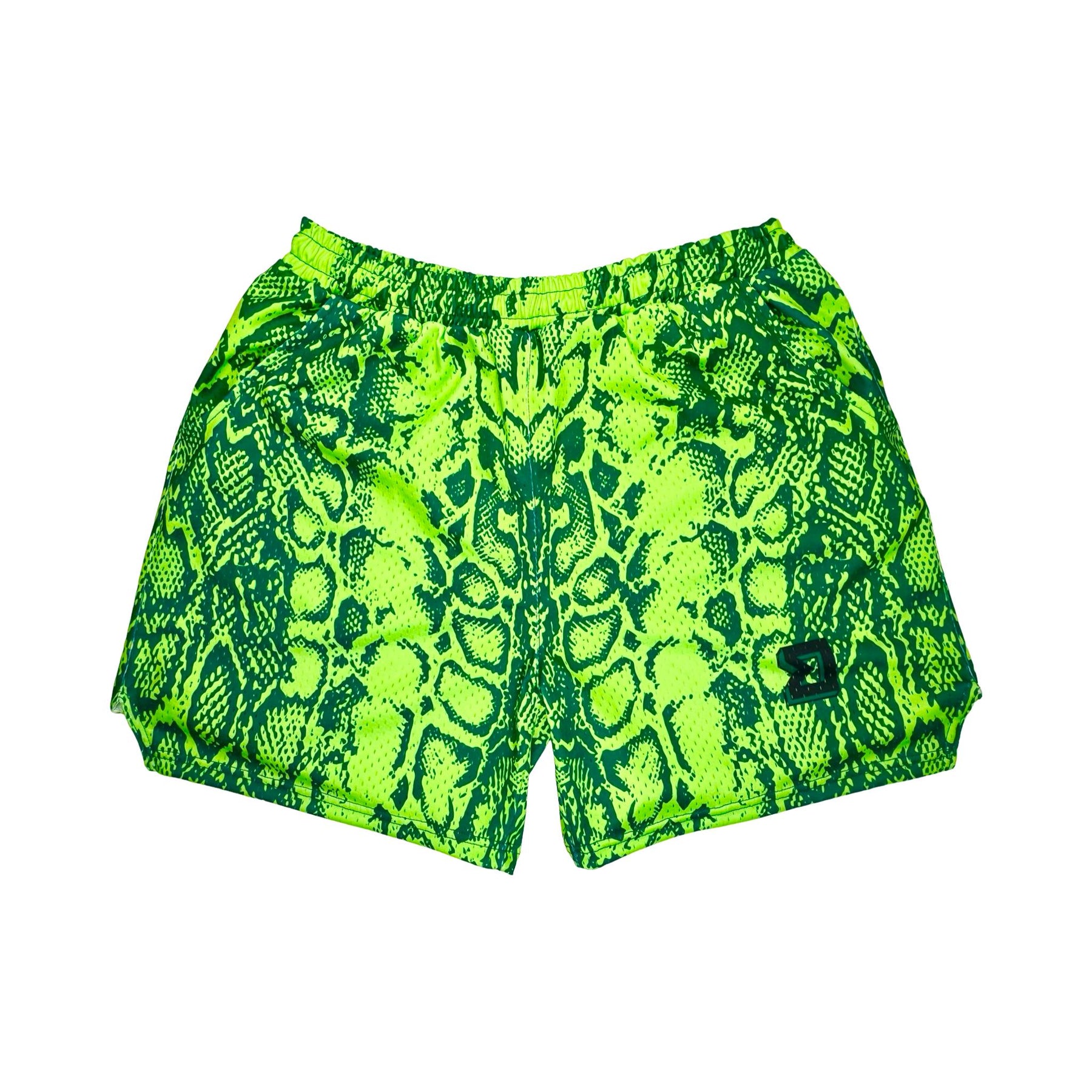Neon green mesh basketball shorts with snake print