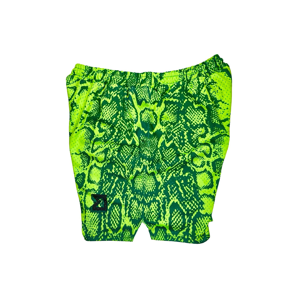 Neon green mesh basketball shorts with snake print