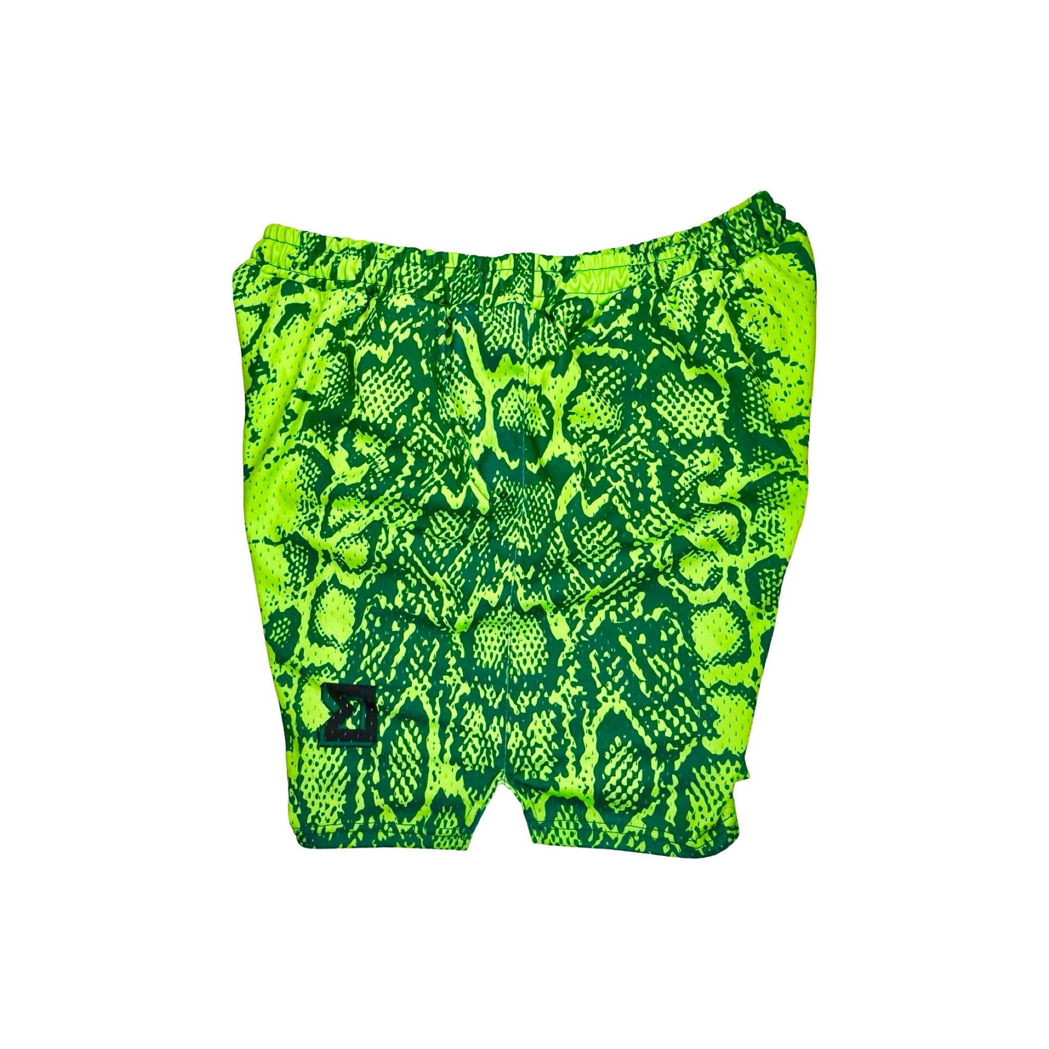 Neon green mesh basketball shorts with snake print