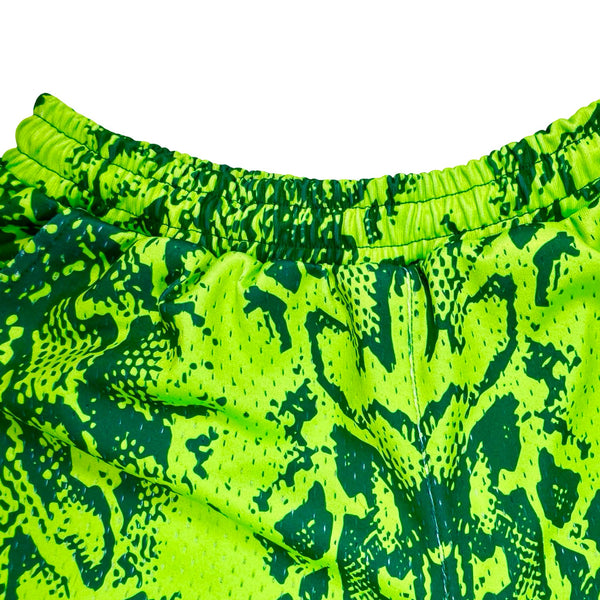 Neon green mesh basketball shorts with snake print