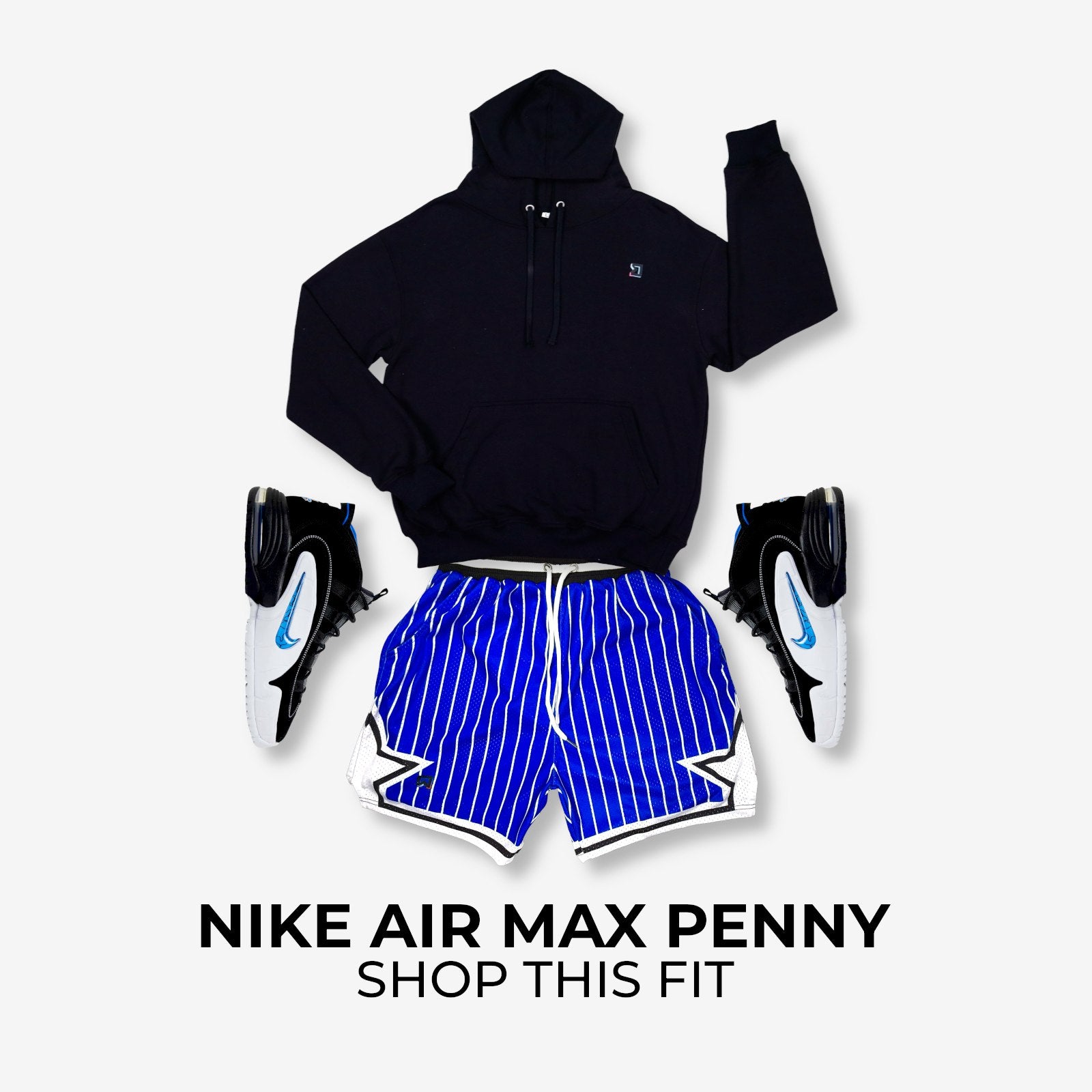 Black hoodie, blue striped shorts, and black and white sneakers on a light gray background with 'Nike Air Max Penny' text.