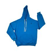 Blue hoodie with a white drawstring on a white background
