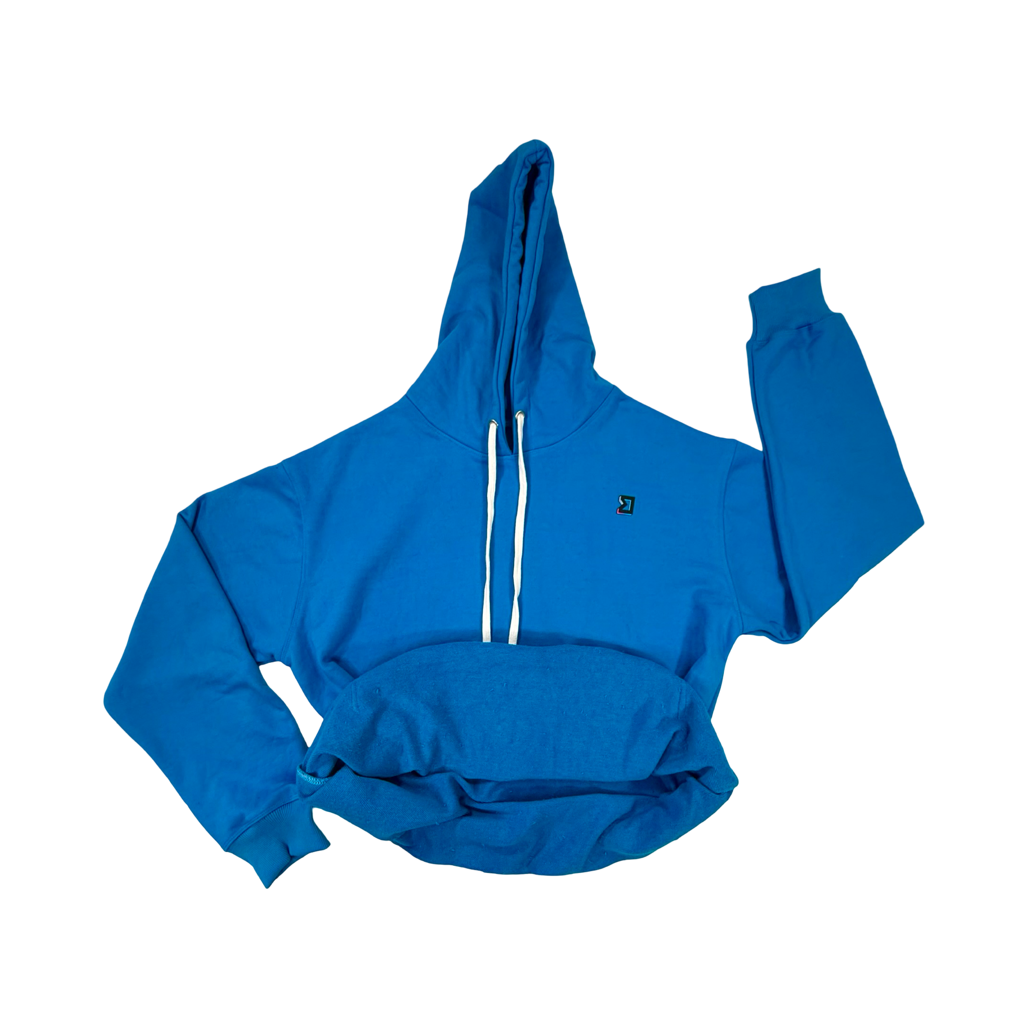 Blue hoodie with a unique design on a white background