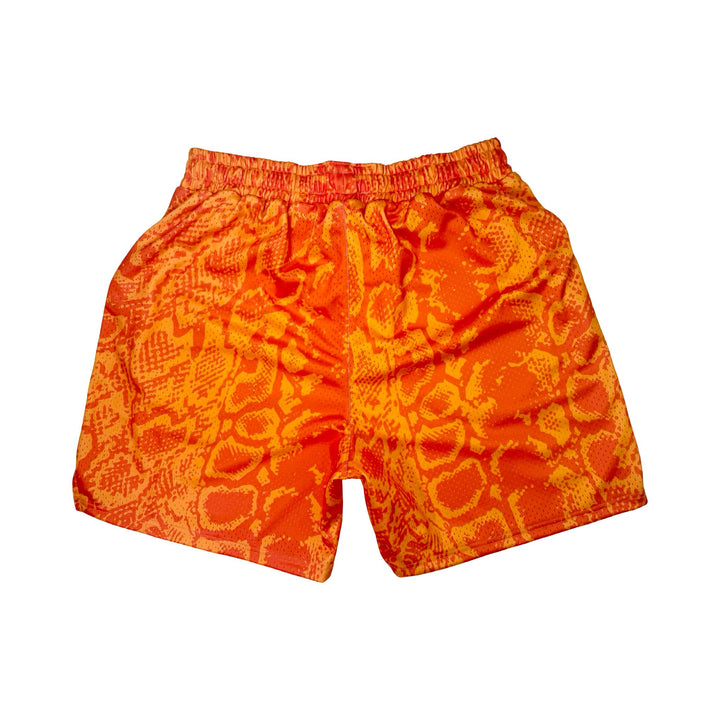 Neon orange snakeskin pattern mesh shorts