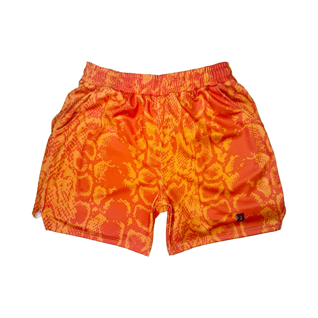 Neon orange snakeskin pattern mesh shorts