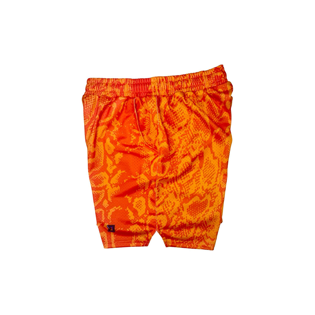 Neon orange snakeskin pattern mesh shorts
