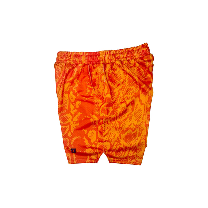 Neon orange snakeskin pattern mesh shorts