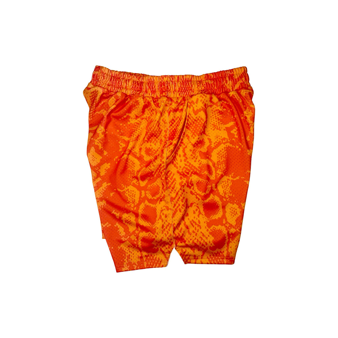 Neon orange snakeskin pattern mesh shorts