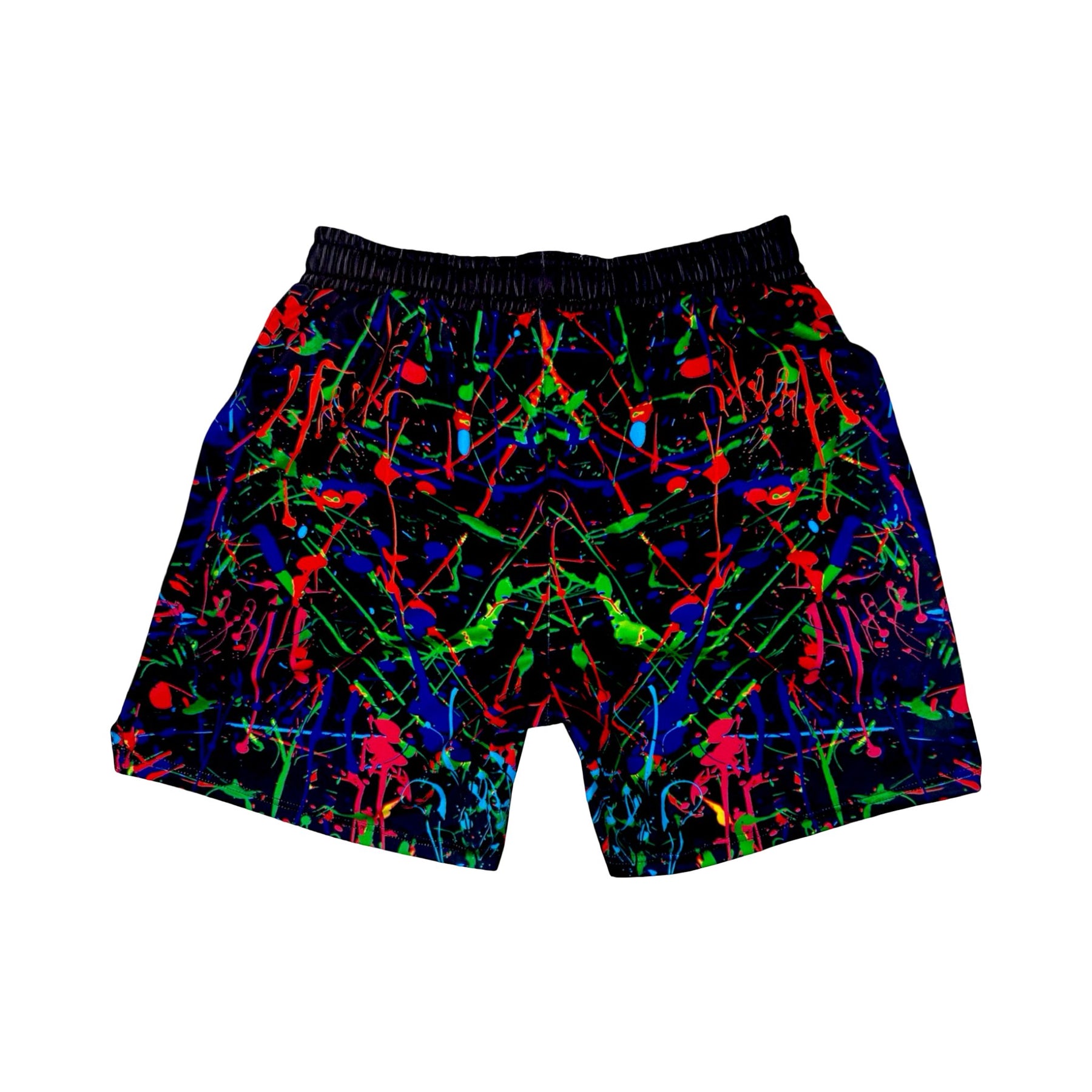 Colorful abstract patterned shorts on a white background