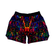 Colorful abstract patterned shorts on a white background
