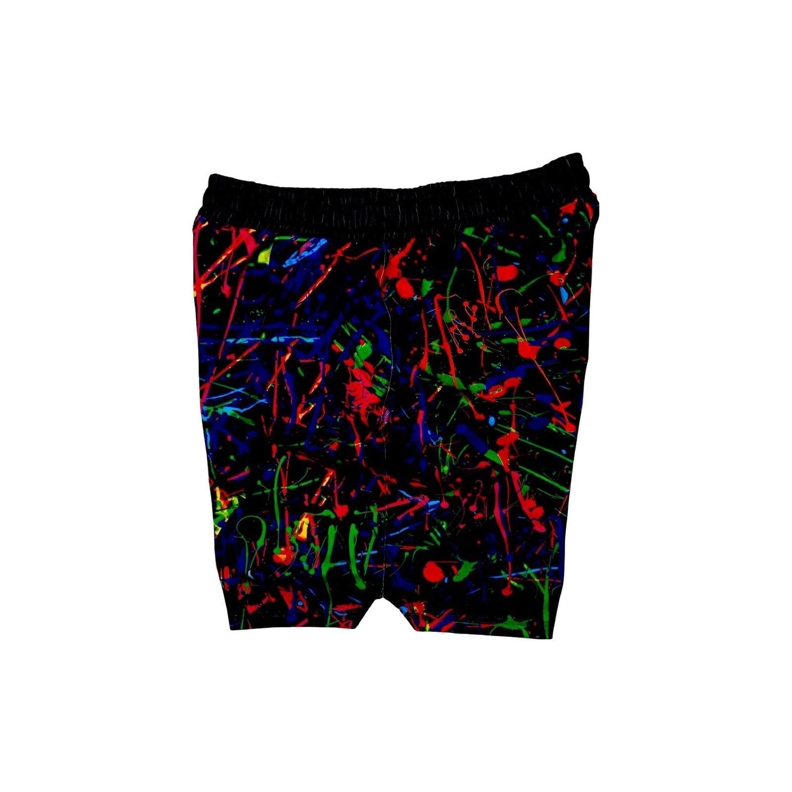 Multicolored abstract pattern shorts on a white background