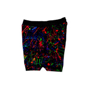 Multicolored abstract pattern shorts on a white background