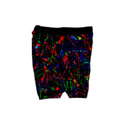 Colorful splatter pattern shorts on a white background