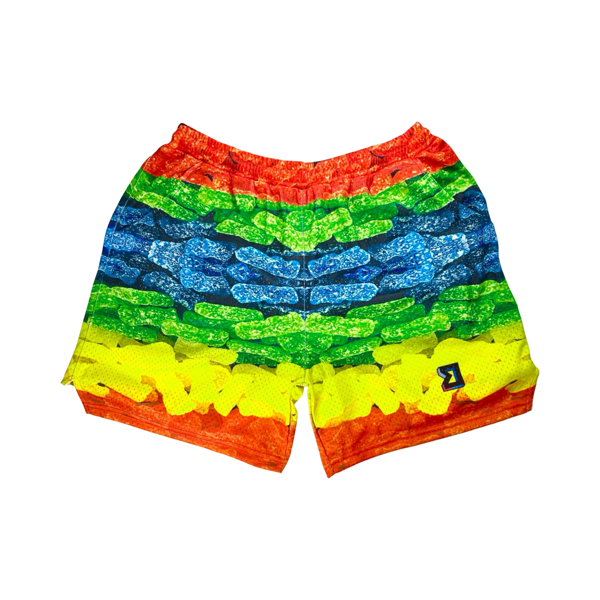 Colorful sour candy mesh patterned shorts on a white background