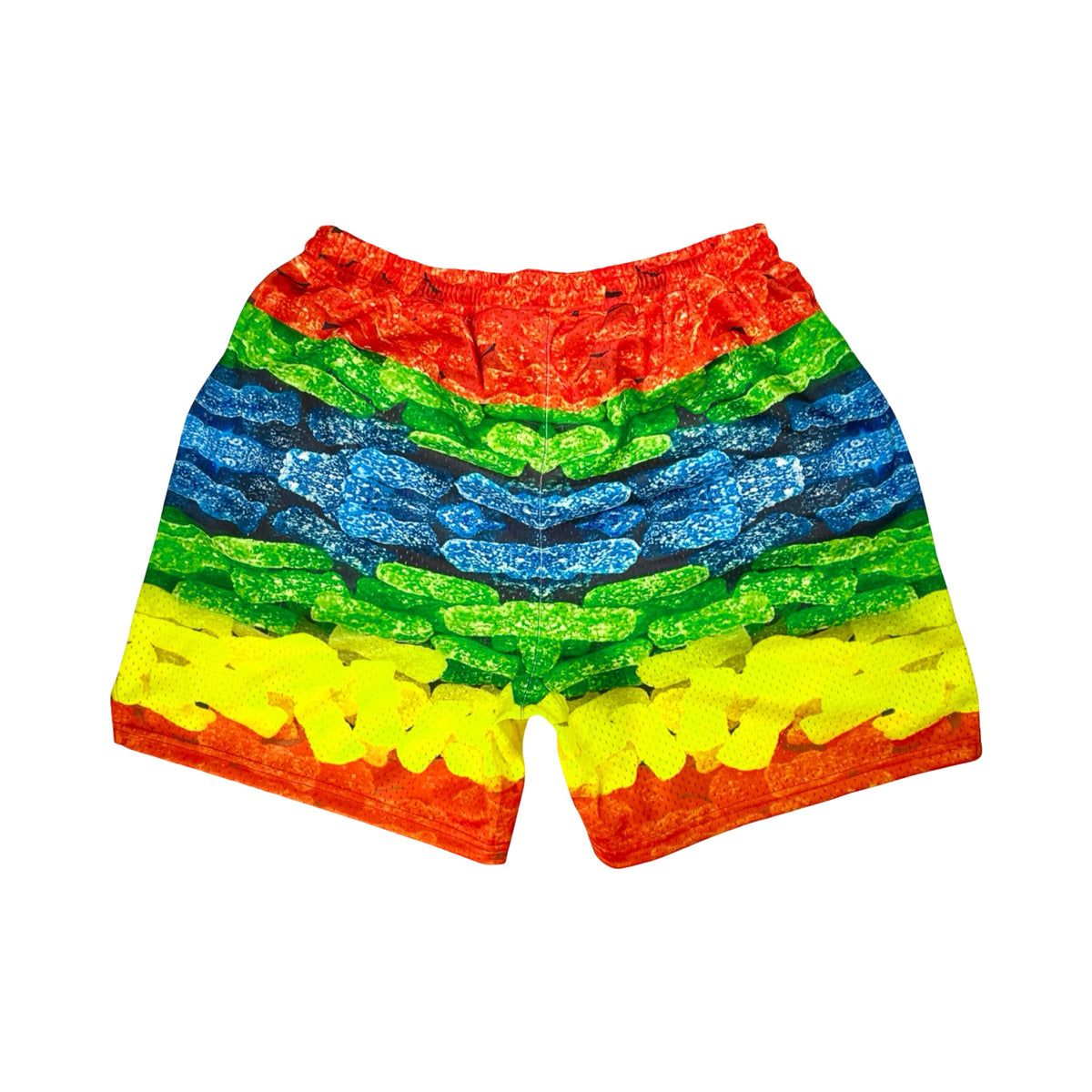 Colorful sour candy mesh patterned shorts on a white background