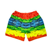 Colorful sour candy mesh patterned shorts on a white background
