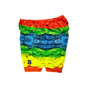 Colorful sour candy mesh patterned shorts on a white background