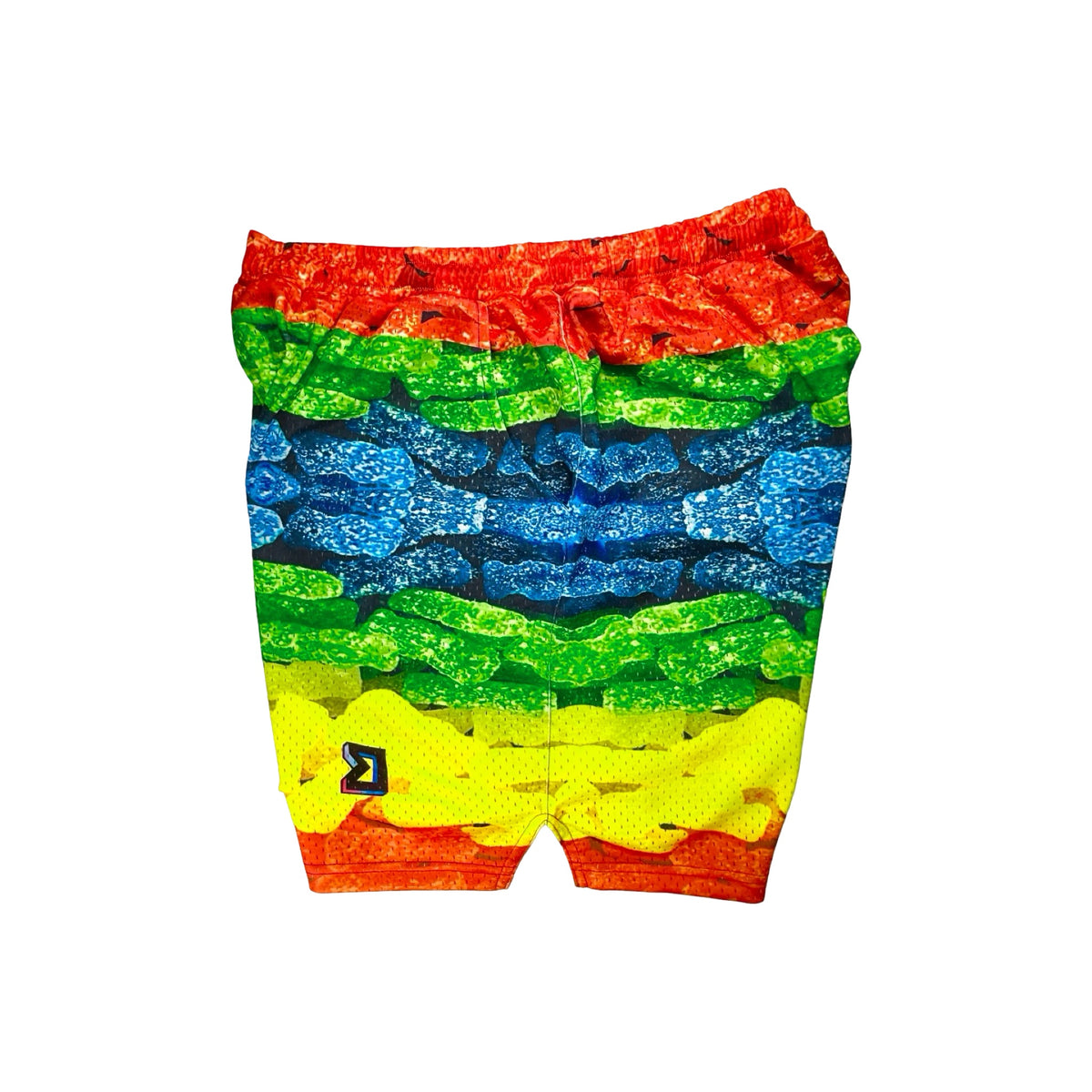 Colorful sour candy mesh patterned shorts on a white background
