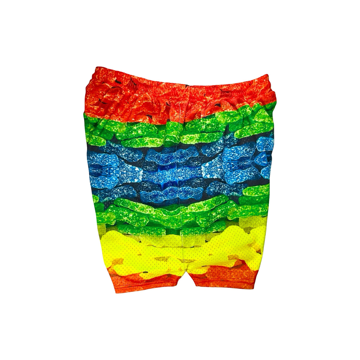 Colorful sour candy mesh patterned shorts on a white background