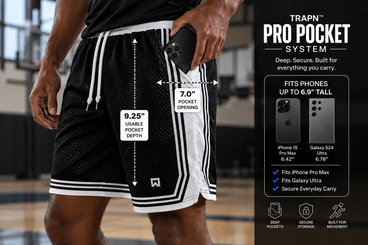 Deep front pocket construction on TRAPN™ basketball shorts.