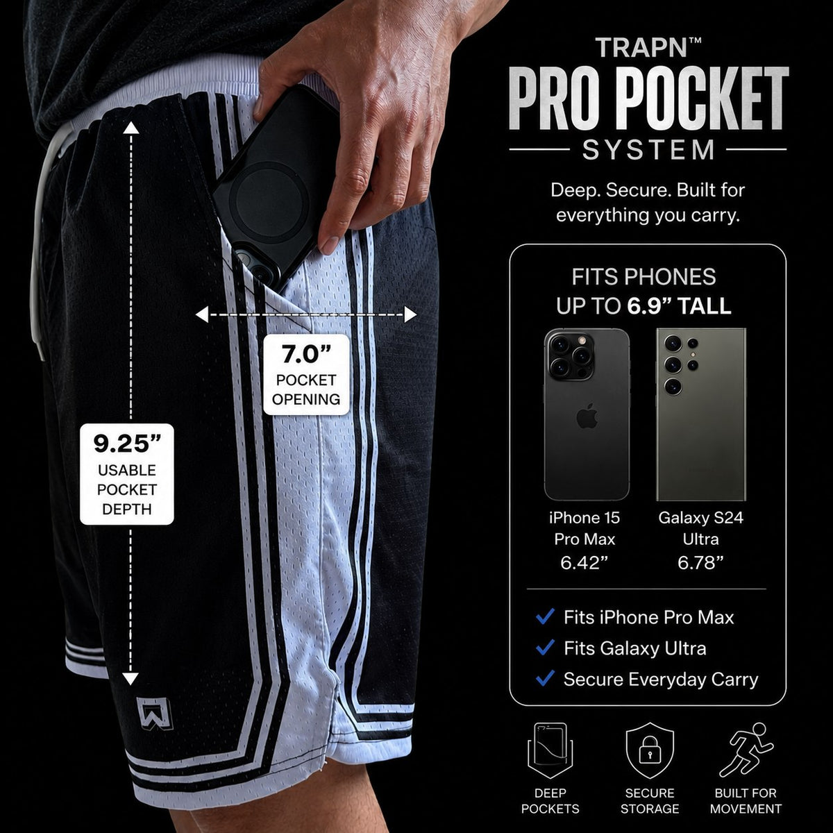 Black athletic shorts with white side stripes and a visible TRAPN Pro Pocket System pouch holding a black smartphone. The image includes measurement callouts showing a 7.