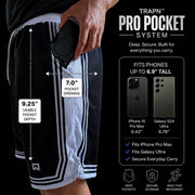 Black athletic shorts with white side stripes and a visible TRAPN Pro Pocket System pouch holding a black smartphone. The image includes measurement callouts showing a 7.