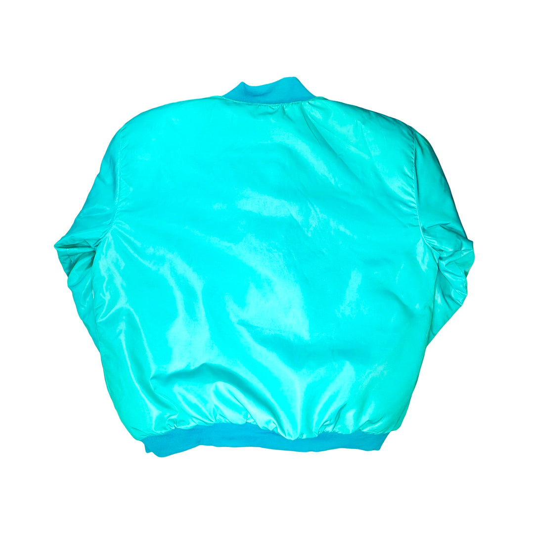 Teal punchout pixel boxer jacket with animated character design