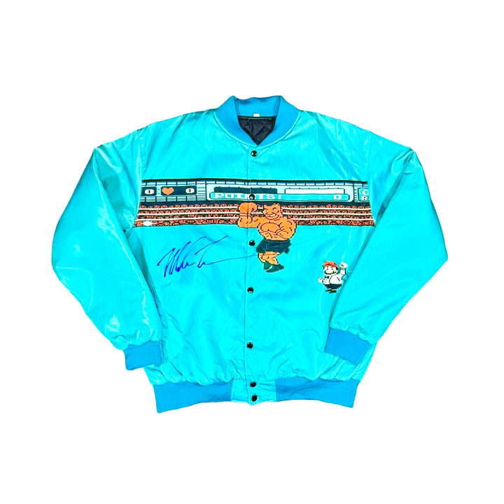 Teal punchout pixel boxer jacket with animated character design