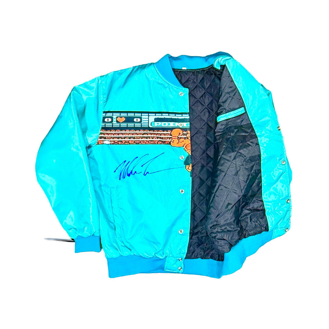 Teal punchout pixel boxer jacket with animated character design