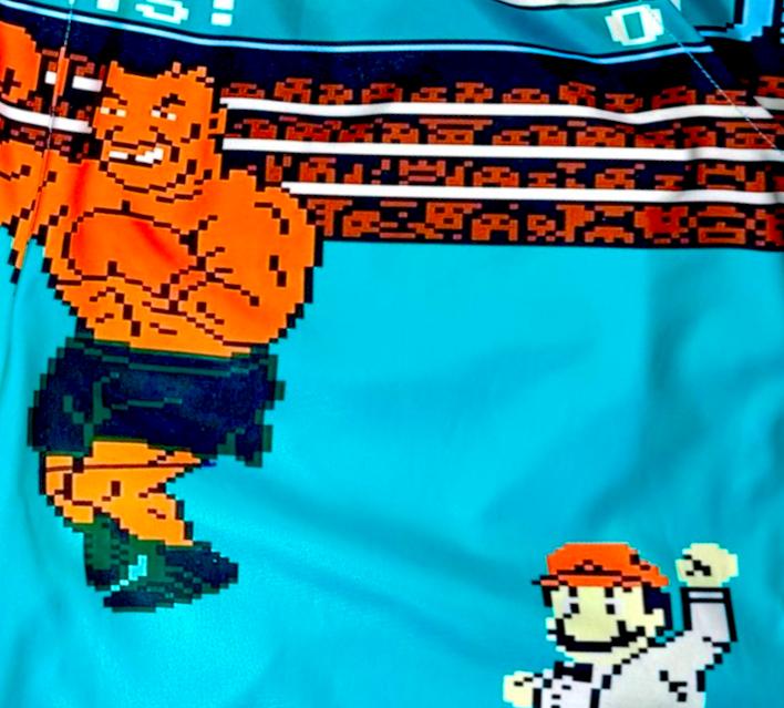 Pixel art boxing game design of a character in a boxing stance on a turquoise background