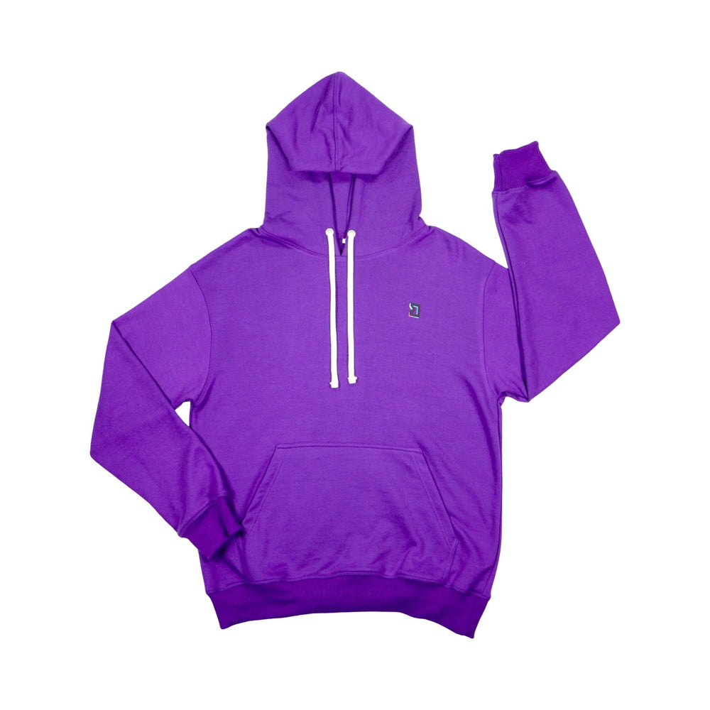 Purple hoodie with white drawstrings on a white background