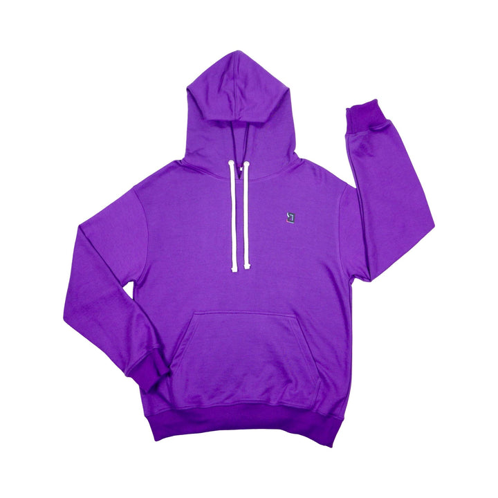 Purple hoodie with white drawstrings on a white background