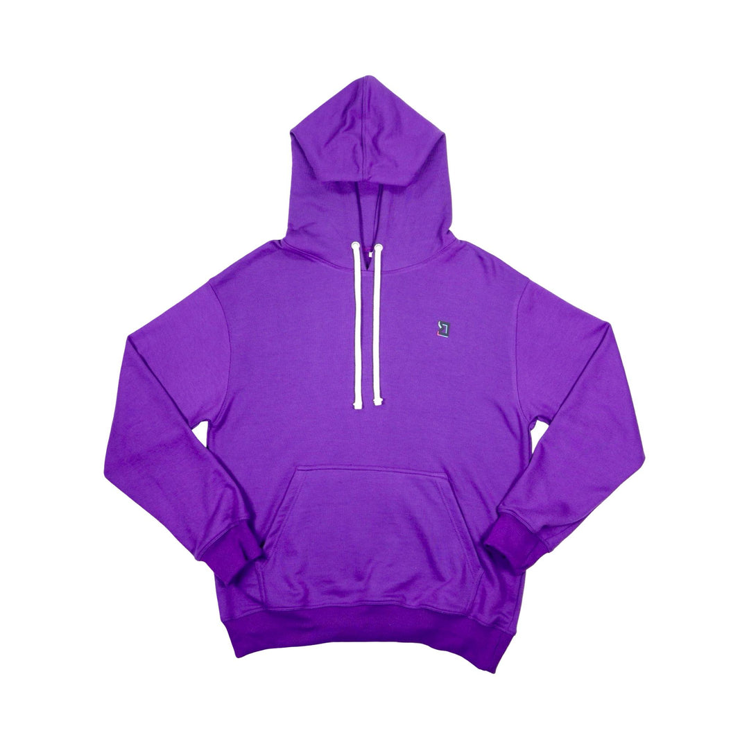 Purple hoodie with a white drawstring on a white background