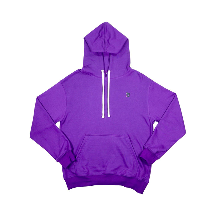 Purple hoodie with a white drawstring on a white background